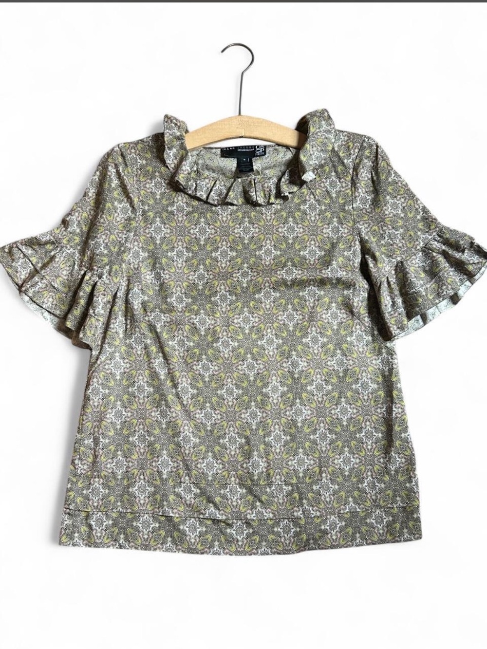 Marc by Marc Jacobs Silk Olive & Pink Ruffle-Neck Paisley Blouse